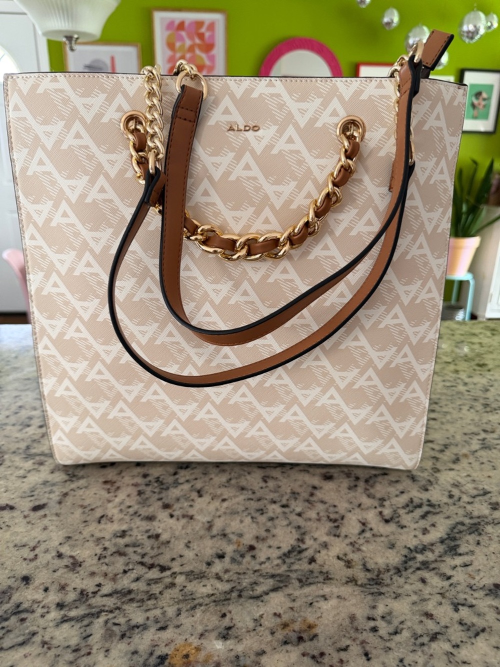 ALDO Beige & Brown Monogram Tote with Gold Chain Handles never worn